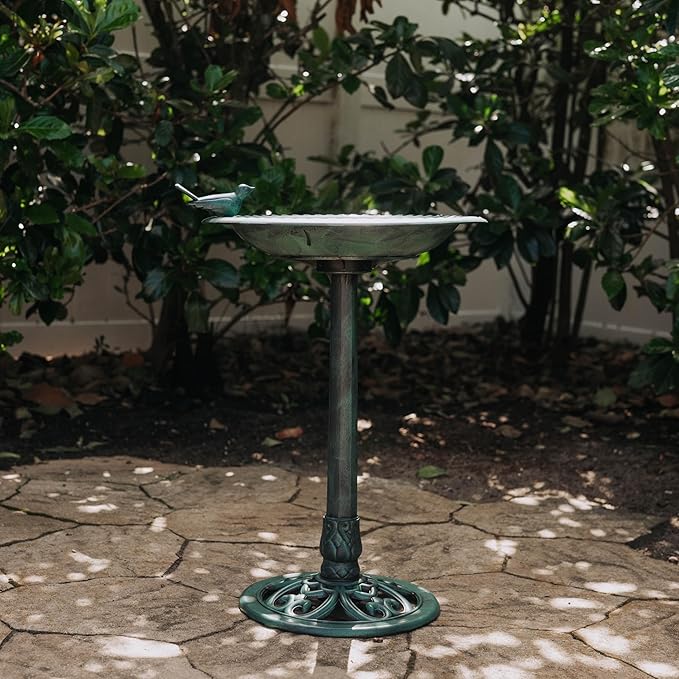 Backyard Expressions Outdoor Garden Bird Bath with Bird - Green - Weather Resistant Polyresin - 30 Inch -
