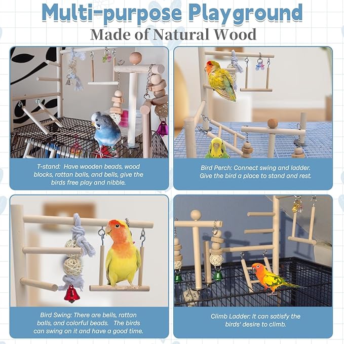PINVNBY Bird Playground Parrot Play Gym Parakeet Cage Play Stand Wooden Perches Playpen Ladders Conure Chewing Climbing Swing Toy Birdcage Accessories for Small Cockatoo Cockatiel Lovebirds Budgie
