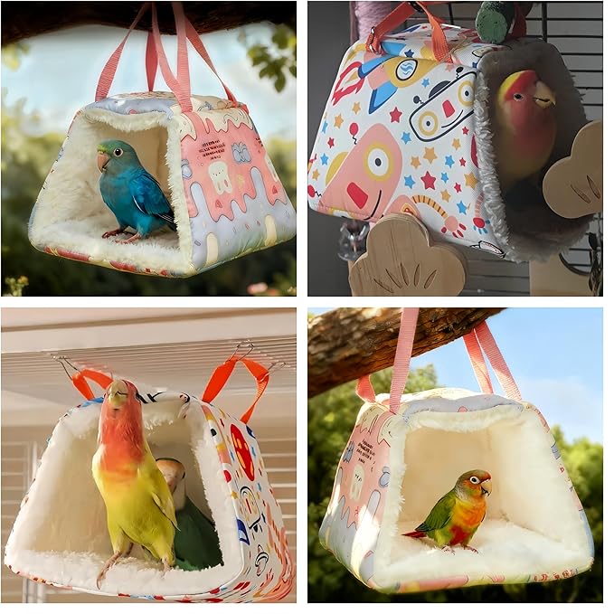 Warm Bird Nest House Plush Birds Hut Bed Hanging Hammock Sleeping Bed Bird Snuggle Cave Hanging Tent for Parrot Parakeet Cockatiel Conure African Grey Macaw-Bear
