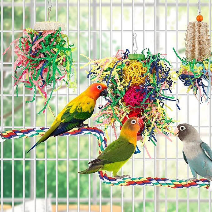 Bird Shredding Foraging Toys Parakeet Toy Chewing Hanging Toy Shredded Paper Bird Cage Accessories Bird Rope Perch for Conure Cockatiel Budgies Lovebird Parrotlet