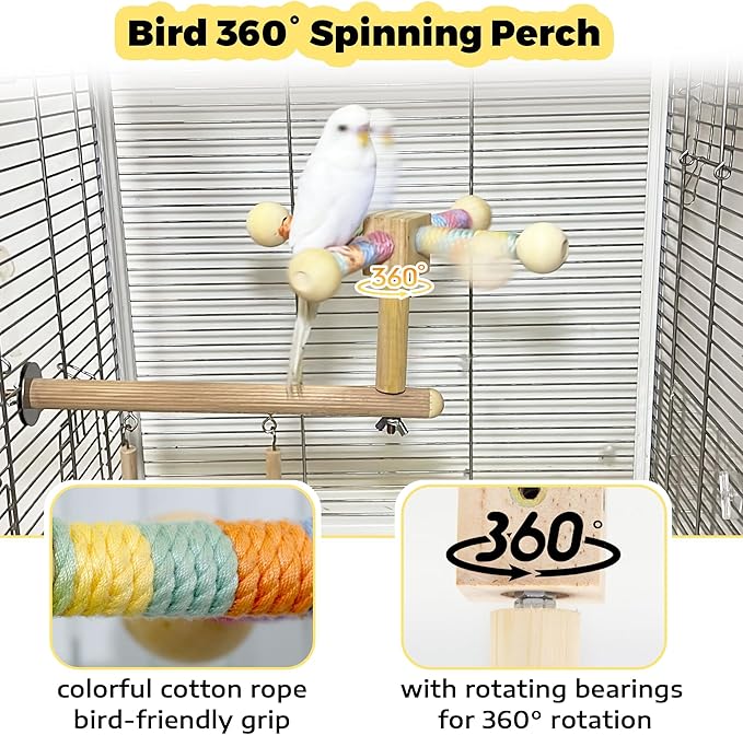 Bird Perch & Swing Toy Combo, Bird Toys for Parrots with 360° Spin Function, Hanging Parakeet Swing Birds Cage Accessories Toys, Multi-functional Wooden Birds Activity Gym for Cockatiel Lovebird
