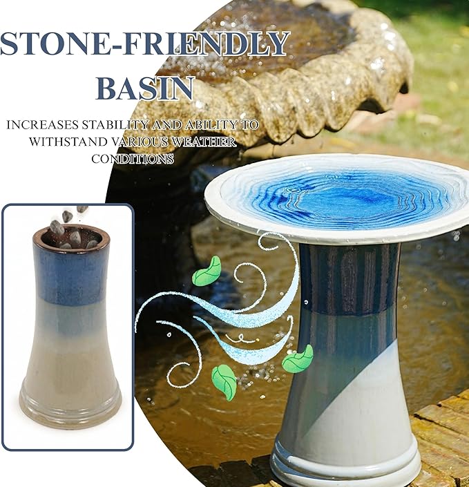 Ceramic Bird Bath for Outdoors, 18" H Weather-Resistant Birdbath for Garden Bird Watching, Pedestal Glazed Birdbaths, Sapphire Blue