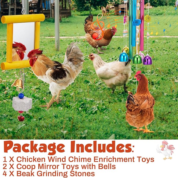 VioraWhite 7 Pcs Chicken Toys, Hanging Chicken Wind Chime, 2 Pcs Coop Mirror Toys with Bells 4 Pack Beak Grinding Stones, Musical Coop Accessories for Hen Rooster Chick Poultry Bird (Rose Red, Yellow)