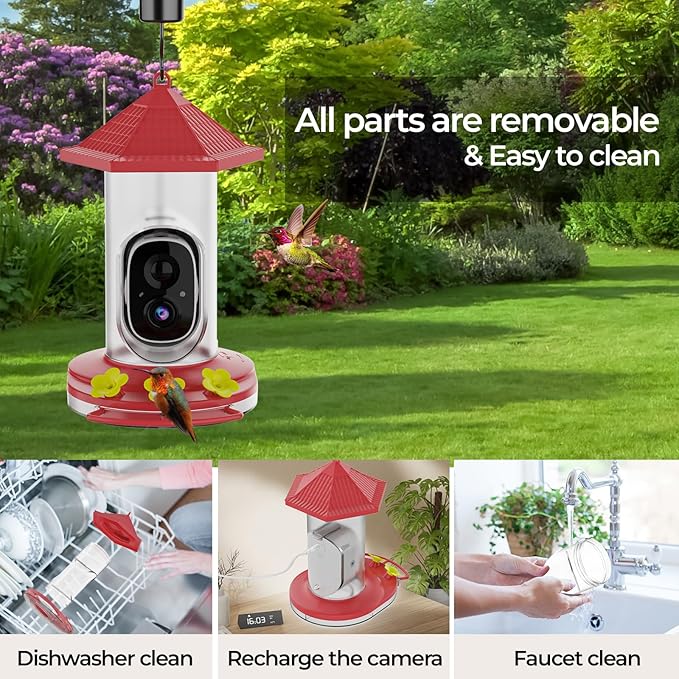 Smart Hummingbird Feeder with Camera, Wireless Bird Feeders with Solar Powered AI Recognition Instant Notifications, Feeder for Outdoor Ideal Gift for Bird Lovers