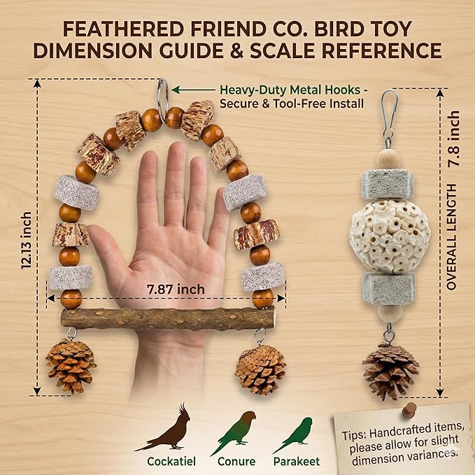 2 Pack Natural Bird Toys Set - Arch Wood Swing & Sola Ball Shreddable Toy - Foraging Hanging Perch with Pine Cones & Pumice Stone Beak Trimmer, Cage Accessories for Cockatiel, Conure, Parakeets