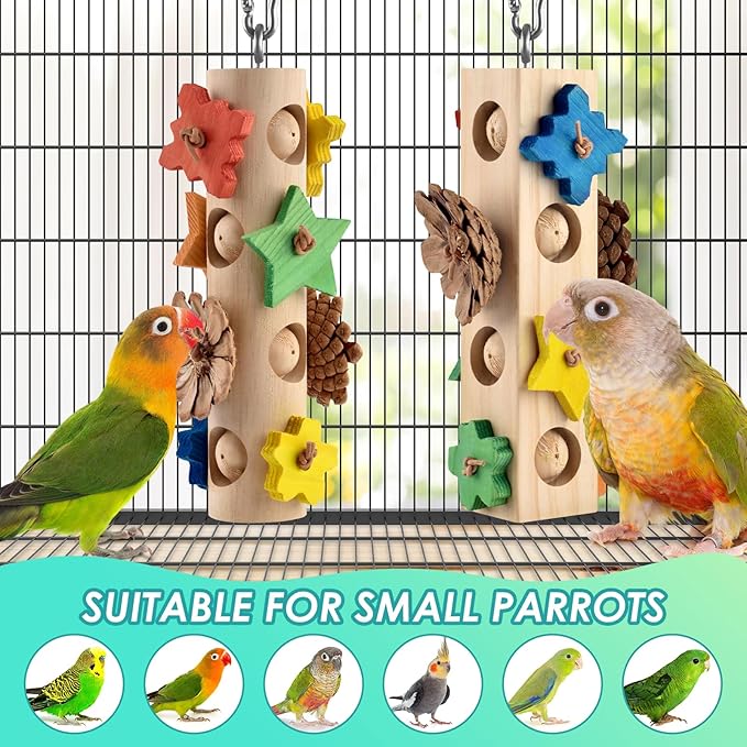 DBNESS Bird Toys for Parrot, 2 Pcs Hanging Colorful Wood Blocks Pine Cones Parakeet Chew Foraging Toy for Beak-Grinding, Cage Accessories for Small to Medium Budgies, Cockatiels, Caiques, Conures
