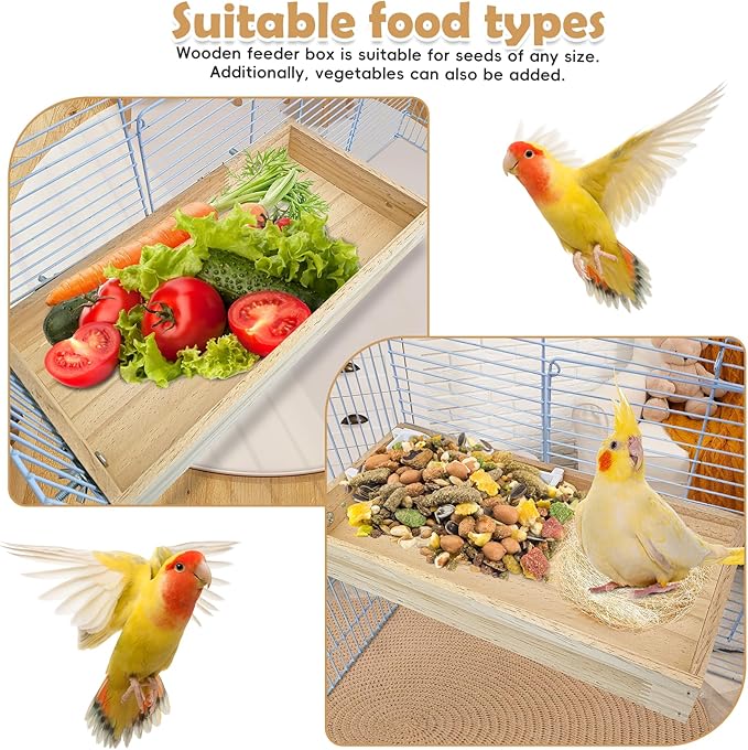 BNOSDM Wooden Bird Feeder for Cage Natural Wood Bird Foraging Box Food Dish for Small to Medium Birds Parrot Feeding Cups for Cockatiel, Lovebird, Parakeet, Budgies (Large)