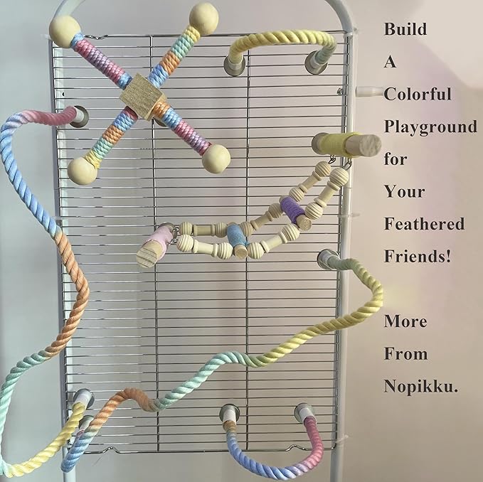4-Step Colorful Bird Ladder Perch with Screws for Parakeets Cockatiels Lovebirds — Natural Wood & Cotton Rope Climbing Toy for Bird Cage (Screw-Mounted)