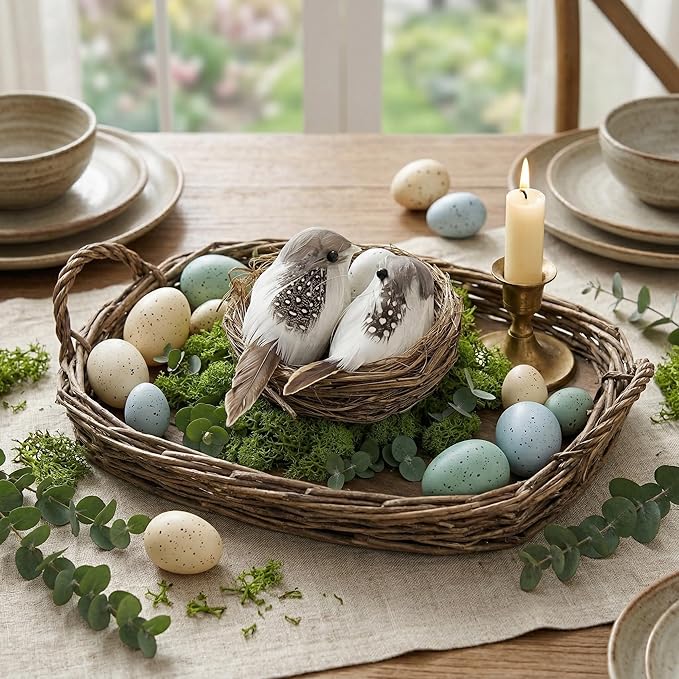 KESYOO Artificial Bird Nest with Egg and Birds Handmade Rattan Easter Decorations for Home Garden Party Lifelike Spring Crafts Ornaments for Tree, Table Centerpiece (Sturdy & Realistic)