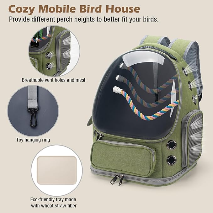 Bird Backpack Carrier Travel Cage with Perch, Tray and Breathable Clear Window, Bird Travel Cage for Cockatiel Caique Conure Quaker, for Vetting Camping Hiking (Green)