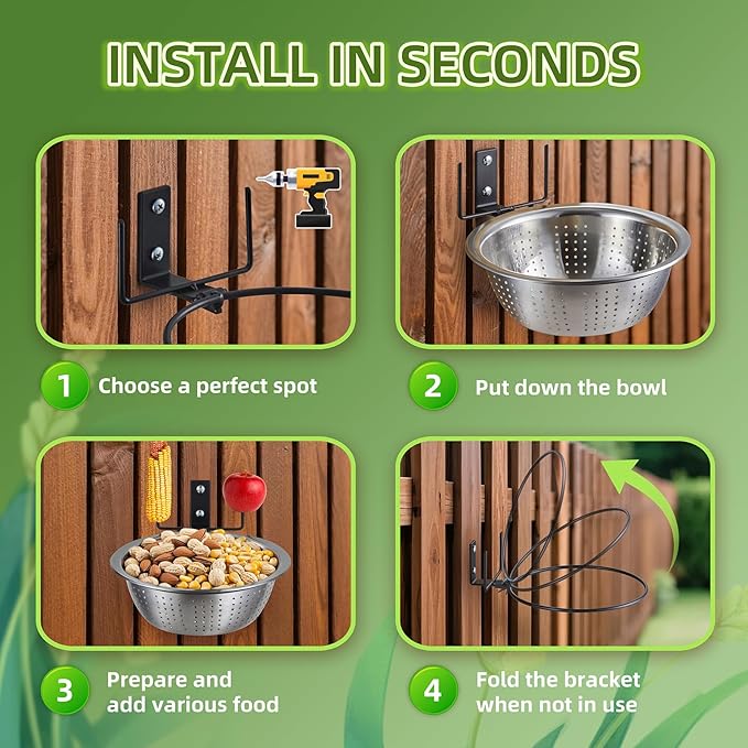 2 Pack 8.5"/1.4L Squirrel & Bird Feeder Combo - 1 Metal Food Bowl with Colander System + 1 Water/Bath/Swim Tray | Tree/Fence Mounted Perfect for Outside | Removable Easy Clean Wildlife Delight