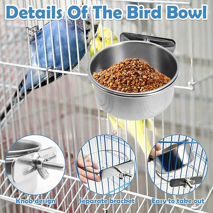 kathson 4 Pack Stainless Steel Bird Bowls, Parrot Feeding Dish Cups with Clamp Holder Bird Feeders Water Cage Bowl for Parakeet Cockatiels Conure Budgies Lovebird Finch and Small Animals
