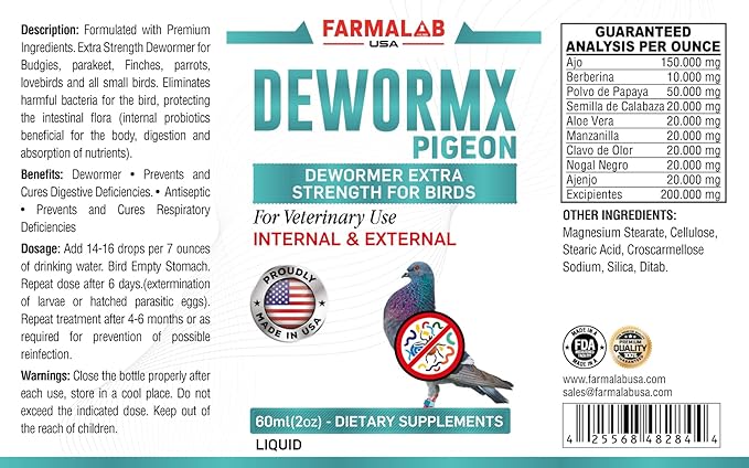 DEWORMX Liquido para Palomas 60ml DEWORMX Liquid for Pigeons Doves Birds 60ml Palomos Buchones Mensajeros Pigeon Tabs Pigeonvita Vitamins La Lechita