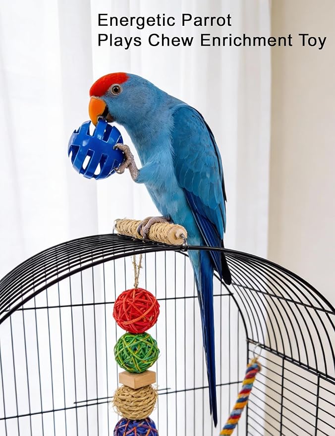 12 Pack Bird Toys for Small and Medium Parrots, Colorful Chew Bell Balls Foot Toys with Rattles for Parakeets Cockatiels Conures