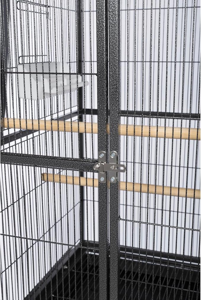 Prevue Pet Products Flight Cage with Stand - Large Metal Bird Cage with Removable Tray, Wood Perches, Double Feeders & Storage Shelf on Rolling Casters, Ideal for Small to Medium Birds - Black
