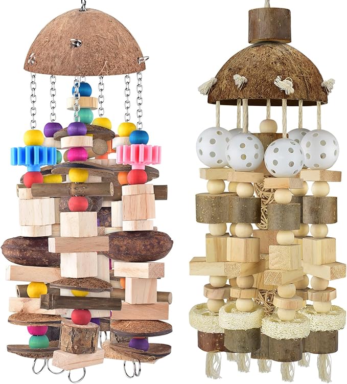 KATUMO Bird Toys, 2PCS Large Wooden Blocks & Coconut Shell Chew Toys for African Grey Cockatoo Amazon Parrots and Medium to Large Birds