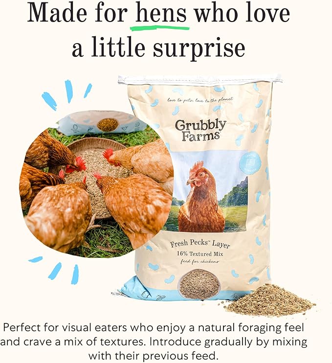 Grubbly Farms Fresh Pecks Layer Chicken Feed Textured Mix - 16% Layer Feed for 20+ Week Old Hens, Batams, and Larger Breeds - Contains Black Soldier Fly Grubs - No Soy, Corn, or Fish - 30 lb Bag