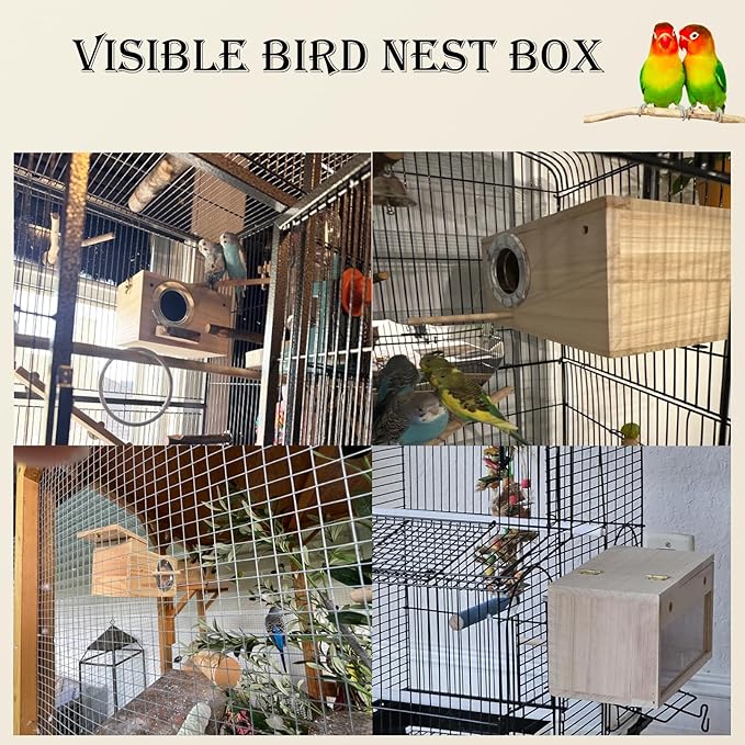 Large Parakeet Nesting Box,Transparent Parrot Breeding Box with Detachable Wooden Board Acrylic Visible Bird Cage House with Perch for Cockatiel Conure Budgie Lovebird Finch