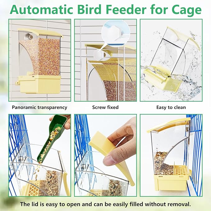 Hamiledyi 2Pcs Automatic Bird Feeder No Mess Bird Cage Feeder Transparent Acrylic Parrot Seed Food Container with Perch Cage Accessories for Parakeet Finch Lovebirds Budgies Canary (Yellow)