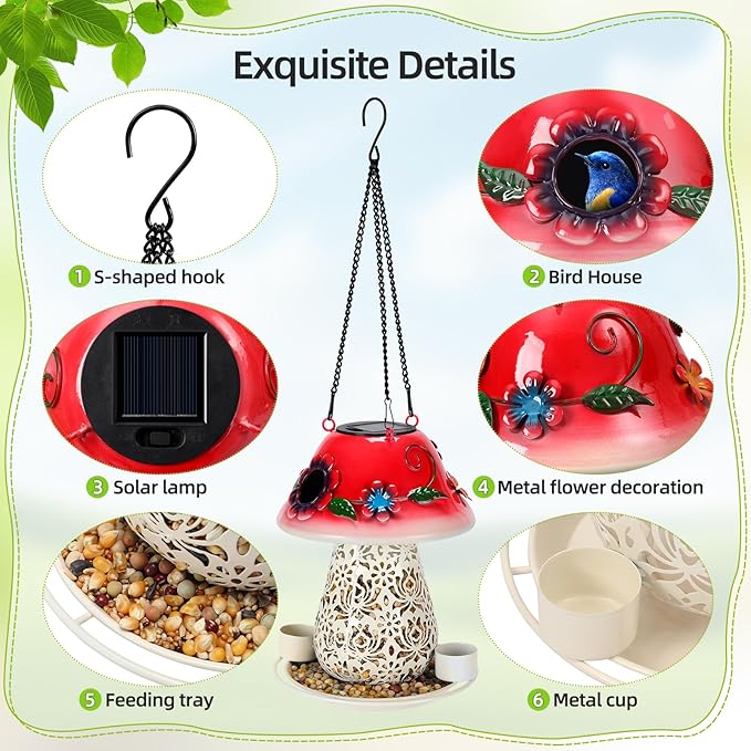 Mushroom Solar Bird Feeders for Outdoors Hanging Metal Wild Bird Feeder with S Hook for Garden Decoration Red