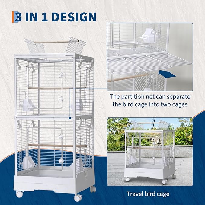 Large Double-Layer Bird Cage with Removable Tray, Rolling Stand, Perches, Feeding Bowls, Spray Guard, Play Roof – Easy-Clean 100x46x46cm Aviary for Budgies, Canaries, Parakeets – White
