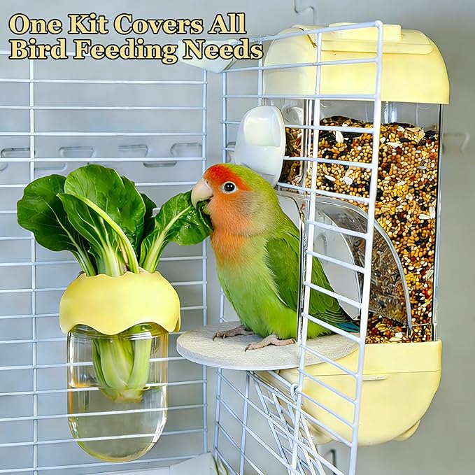 Automatic Bird Cage Feeder No Mess Bird Feeding Station Parrot Vegetable Holder Fruit Clips for Parakeet Cockatoo Canary Lovebirds Budgie (Yellow)