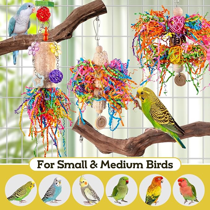 Bird Toys, Parakeet Foraging Toys, Hanging Chewing Toys with Natural Wooden Perches, Bird Cage Accessories, Suitable for Parakeets, Cockatiels, Budgies, Lovebirds & More