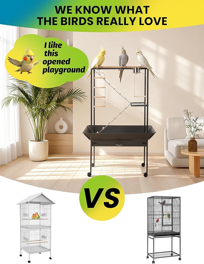 Pet Products Parrot Playstand with Wheels, Bird Cage Stand Activity Play Center with Perches and Ladders, Indoor Outdoor Playground for Birds, Black Hammertone Finish