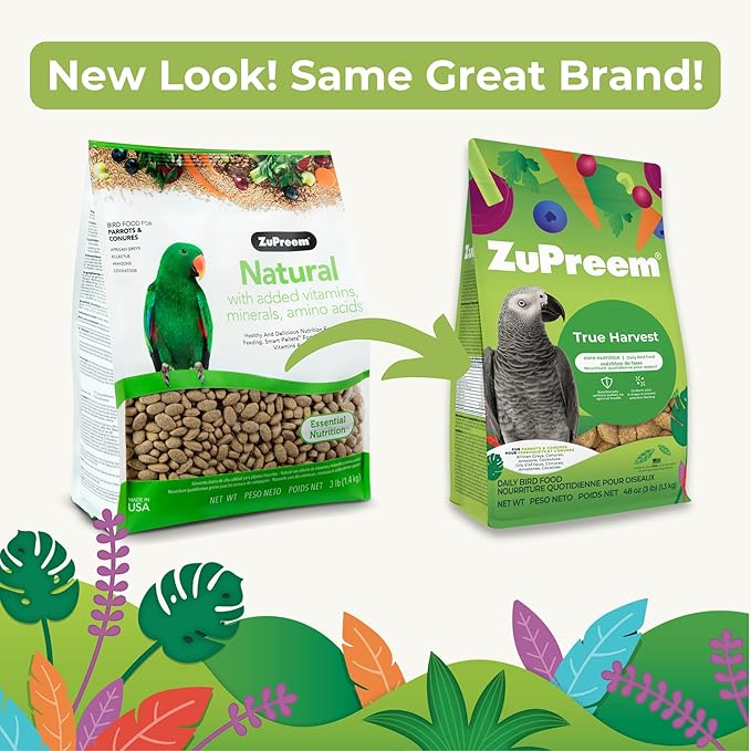 ZuPreem True Harvest Bird Pellets, Daily Bird Food for Parrot, Conure, Caique, African Grey, Eclectus, Small Cockatoo, Core Nutrition for Medium Large Birds, Added Vitamins, Parrot Food (ML, 3 lbs)