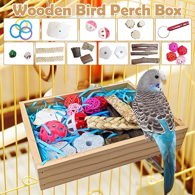 BNOSDM Bird Foraging Toys Box Colorful Parrot Foraging and Shredding Toy Boxes Natural Bird Toy Wooden Birds Chewing Toys for Parakeet, Conure, Cockatiel, Budgies, Lovebirds (Small)