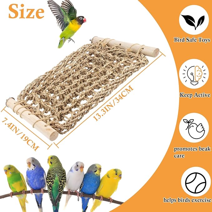 Bird Ladder Perch for Cage, Conure Seagrass Ladder Bridge Exercise Stands, Natural Hand-Woven Net Amazon Parrot Climbing Chewing Hammock, Cage Accessories for Lovebird Conure Budgie Parakeet