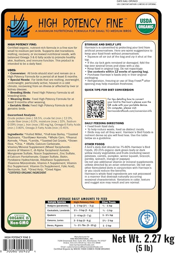Harrison's Bird Foods High Potency Maximum Nutritional Formula for Small to Medium Birds, Certified Organic Non-GMO Pet Bird Food, Vet-Developed, Suitable for All Life Stages, 2.27 kg/ 5 lb