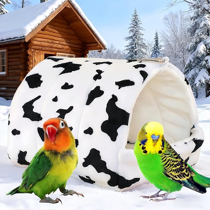 Warm Bird Nest House Plush Birds Hut Bed Hanging Hammock Sleeping Bed Bird Snuggle Cave Hanging Tent for Parrot Parakeet Cockatiel Conure African Grey Macaw-Cow Print