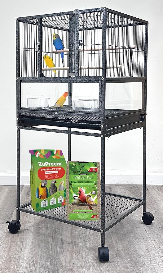 Deluxe Durable Wrought Iron Bird Parrot Flight Cage Sturdy Front Door Side Nesting Doors Acrylic Clear Bottom Prevent Food Spillage Removable Rolling Stand Lockable Wheels