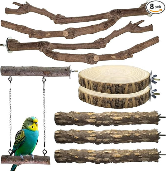 8pcs Natural Bird Perches for Cage, 5.9“ Small Wood Bird Perch for Parakeet/Cockatiel, Bird Cage Stick, Bird Branches for Cages, Birdcage Accessories for Parrot Conure