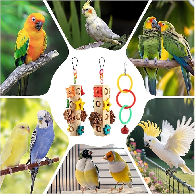 Natural Wood Parrot Chew Toys, 3 Pack Hanging Bird Foraging Toy with Wooden Blocks, Pine Cones & Climbing Rings, Bird Cage Accessories for Parakeet, Cockatiel, Macaw, African Grey Parrot