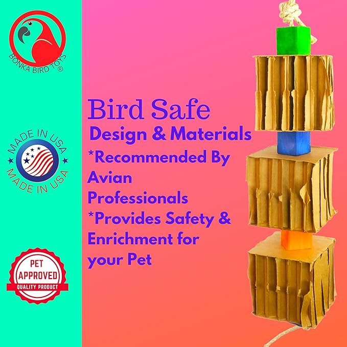 Bonka Bird Toys 3749 Big Trio Blocks N Cube Wooden Chew Toy with Rope and Blocks for Medium to Large Birds Cage Play