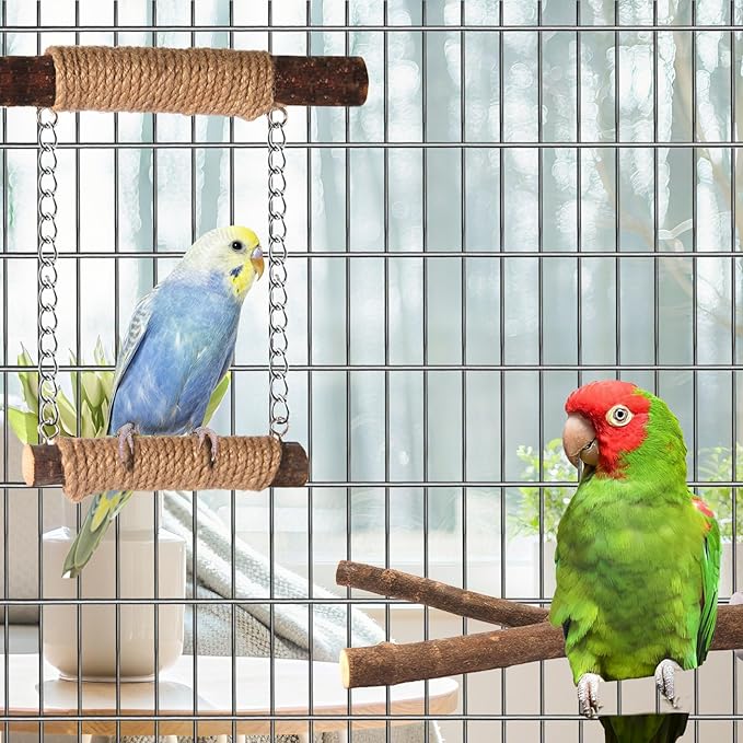 7-Piece Bird Perches for Cage- Wooden Parrot Stand with Fork Toys, Hanging Multi-Branch Platform, Hammock Swing, Gym Playstand & Chewing Toys - for Parakeets, Budgies, Lovebirds - Durable
