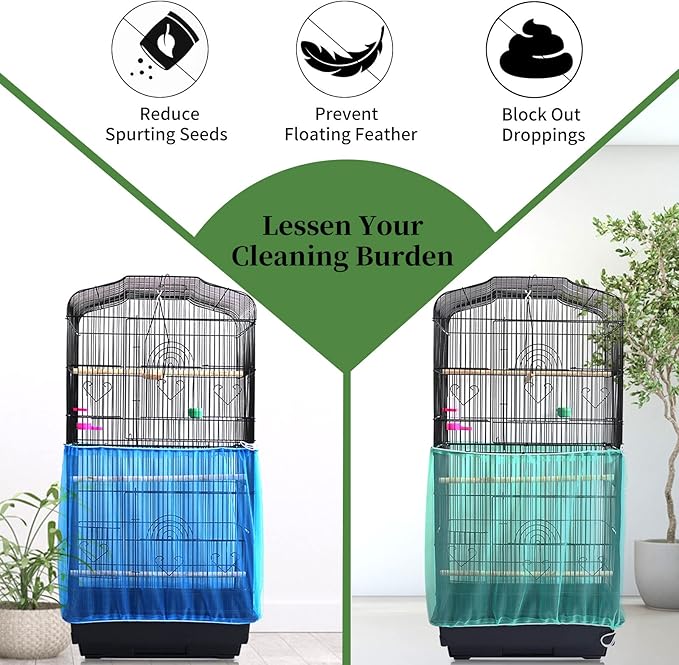 Daoeny 2Pcs Universal Bird Cage Cover, Adjustable Seed Feather Catcher, Soft Airy Nylon Mesh Parrot Net, Birdcage Cover Skirt Sheer Guard for Round Square Cages (Green+ Blue)