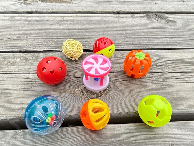 8pcs Bird Cat Ball Toys with Bell Colorful Parakeets Foot Talon Training Set Conures Feeder Toys Cockatiel Chewing Rattle Balls Parrot Cage Activity Toy for Budgie Playgym Birdcage