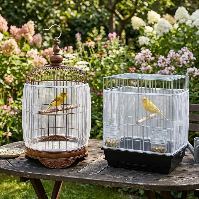 2Pcs Bird Cage Seed Catcher, Adjustable Bird Cage Skirt Cover, White Stretchy Birds Cages Netting for Round Square Parrot Parakeet Macaw African Cages