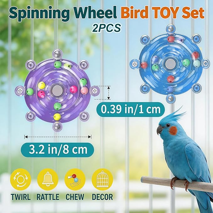 2 Pcs Bird Toys for Parakeets, Colorful Parakeet Toys with Spinning Wheel and Interactive Rattle, Chew Exercise Toys for Cage, Entertainment for Parakeets and Cockatiels
