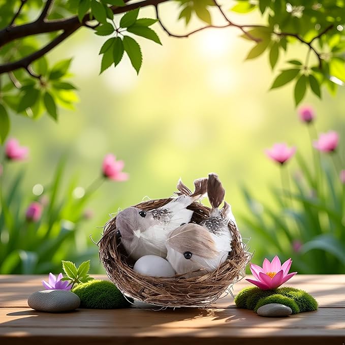 1 Set Simulation Bird Nest with Bird and Eggs Decor, Fake Foam Feather Birds, Artificial Birds, for DIY Craft Tree Decoration Artificial Plants and Flowers, Home Decor, Decorations