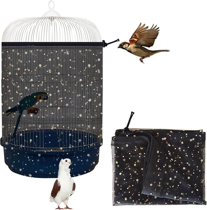 Bird Cage Seed Catcher, 45-90'' Adjustable Bird Cage Cover, Universal Nylon Bird Cage Mesh Net, Bird Cage Skirt Guard Accessories for Parrot Parakeet Macaw Round Square Cage (Black)