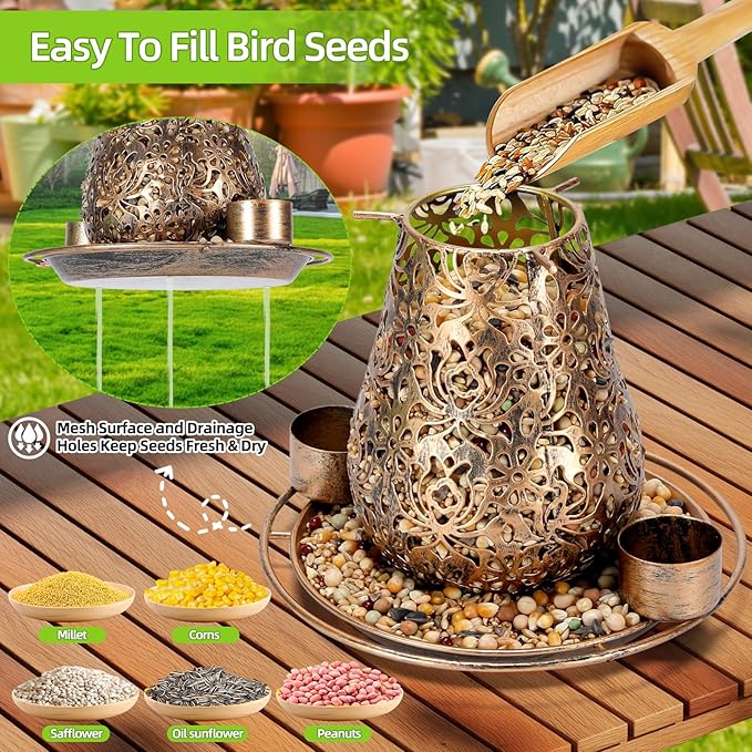 Mushroom Solar Bird Feeders for Outdoors Hanging Metal Wild Bird Feeder with S Hook for Garden Decoration Brown