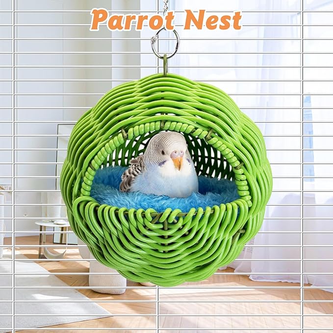 BNOSDM Rattan Parrot Nesting House Bird Nest Parakeet Hanging Swing Soft Lovebird Warm Bed Sleeping for Parrots Bird Cage Accessories for Cockatiels Budgerigars Finches Canaries (Green)