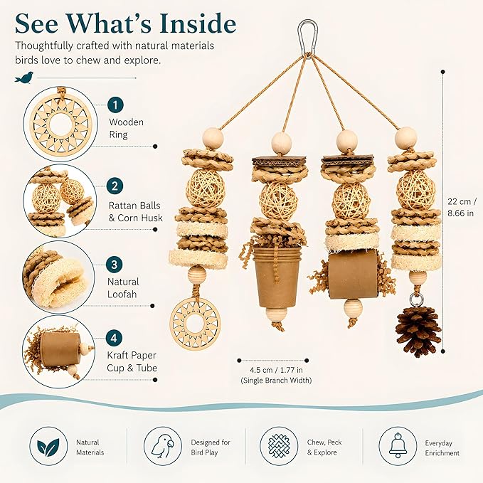 Bird Foraging Toy Parakeet Enrichment Puzzle Parrot Foraging Toys Loofah and Pine Cone Chew Play for Budgies Cockatiels Conures Quaker Parrot Small to Medium Birds