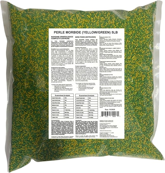 Perle Morbide Yellow Green Soft Bird Food 5Lb – Comida para Pajaritos, Complete Extruded Diet for Canaries, Finches, Parakeets, Goldfinches, Lady Gouldians – Vitamin-Rich & Digestible Formula