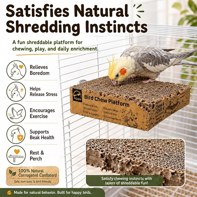 Agape Bird Chew Toy, Shreddable Bird Cardboard Platform, Chewable Resting Perch Toy for Small & Medium Parrot, Cage-Mounted Paper Toy for Budgies, Lovebirds, Cockatiels & Conures, Supports Beak Health