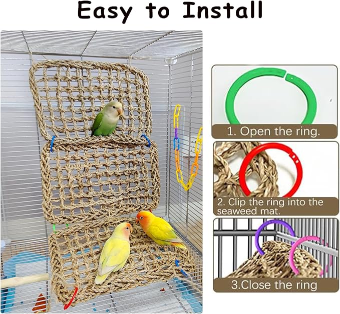 Tfwadmx Large Bird Seagrass Hammock, 3Pcs 7x11.8in Seagrass Mat for Birds, Hanging Parrot Toys, Counre House Hut Hideout for Parakeets, Lovebirds, Budgies, Cockatiels